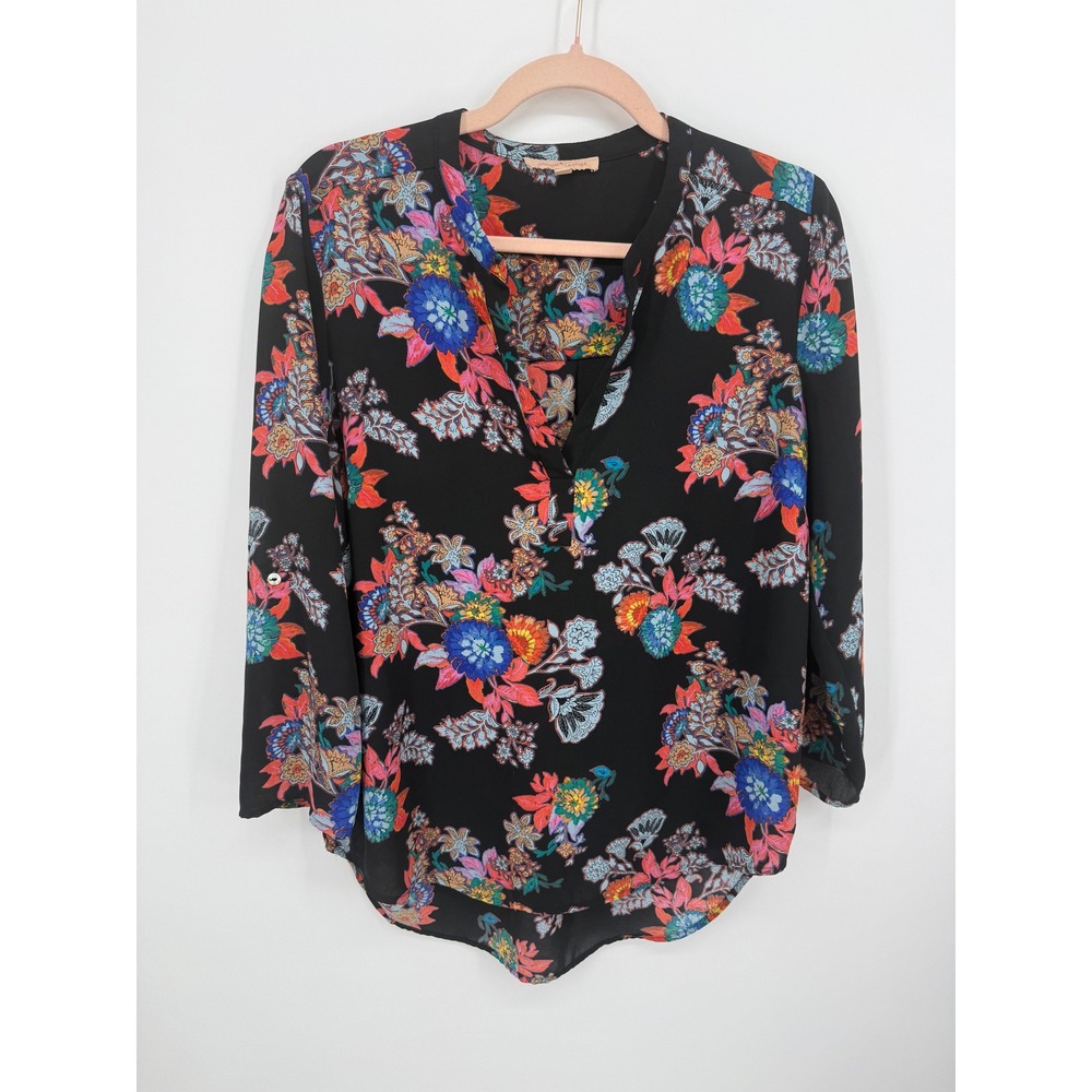 Gibson Latimer Blouse Women Medium Black Floral Roll Tab Sleeve Split Neck Top - Picture 1 of 8